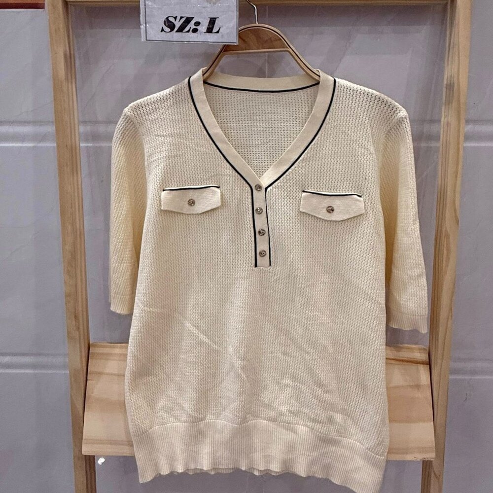 Cream Ivory V-Neck Knit Top Black Trim Gold Button